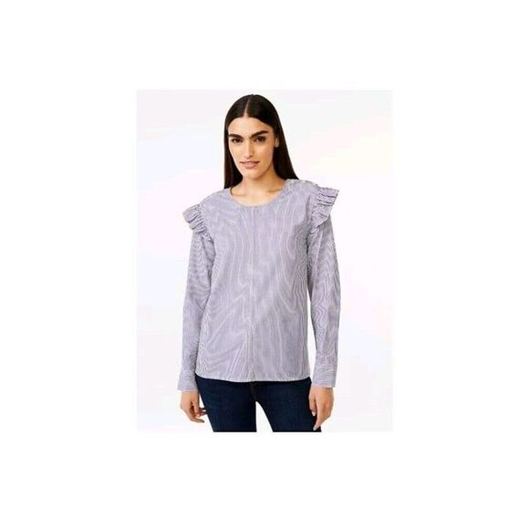 5/$25 EUC Sz L Ruffle Long Sleeve Blue White Striped Blouse Top - Picture 1 of 5